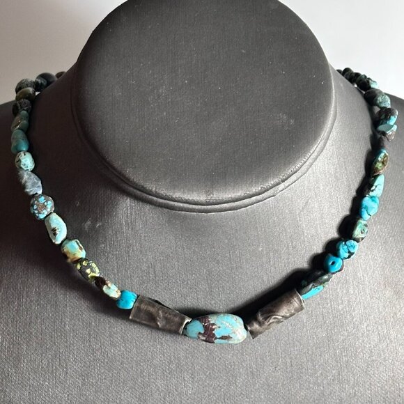 Genuine Hubei Turquoise Choker Necklace Sterling Silver Handmade Tribal - Picture 2 of 11